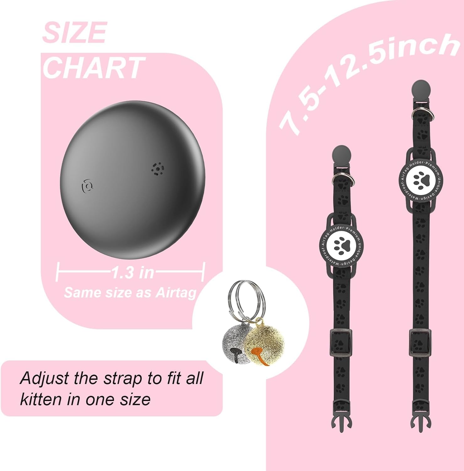 (Black) GPS Tracker for Cats, Waterproof GPS Cat Trackers Cats Collar with Bells, No Subscription, GPS Cat Collar, Adapt with Apple Find My (iOS Only) Finder Tag for Vehicles, Pets, Kids