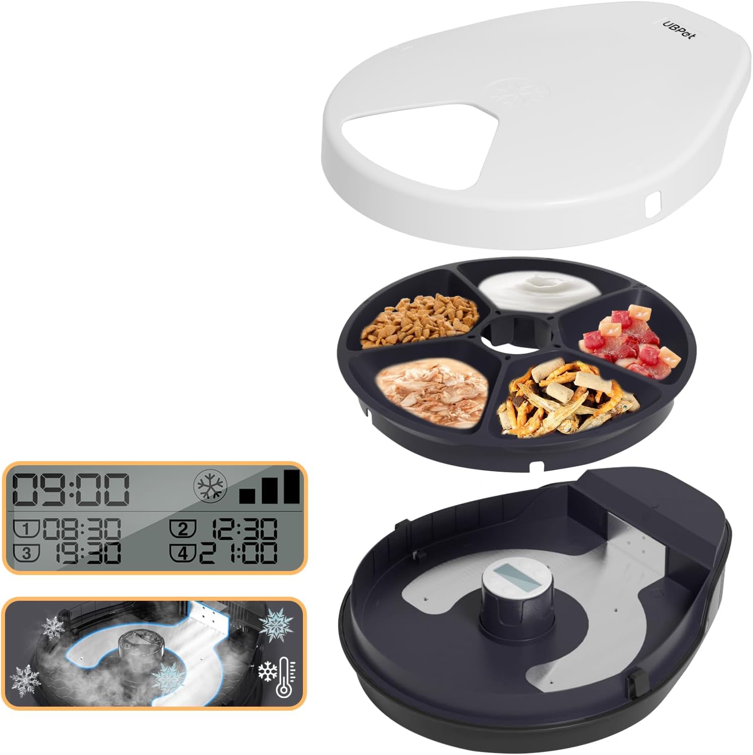 Cat Wet Food Automatic Feeder with Cooling, Semiconductor Refrigeration, with Timer, 5 Food Compartments for 330g Pet Food Each, Premium Meal Plates, Washable, for Cats (UBPET)