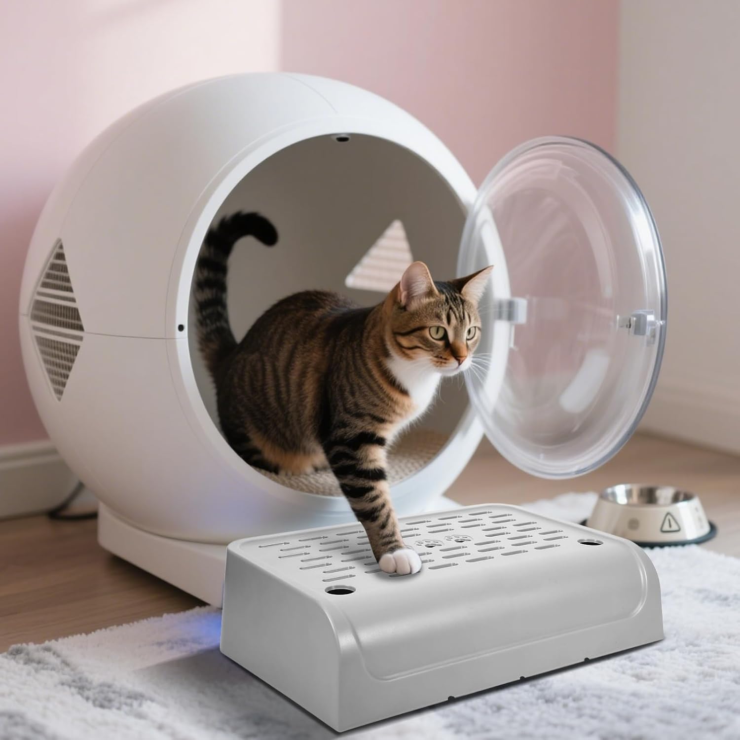 Cat Ramp for Litter Box Step, Plastic Automatic Litter Box Ramp Cat Steps Mat with Filter Function, Double Layered Self Cleaning Cats Stairs with Storage Space for Catcher (Grey)