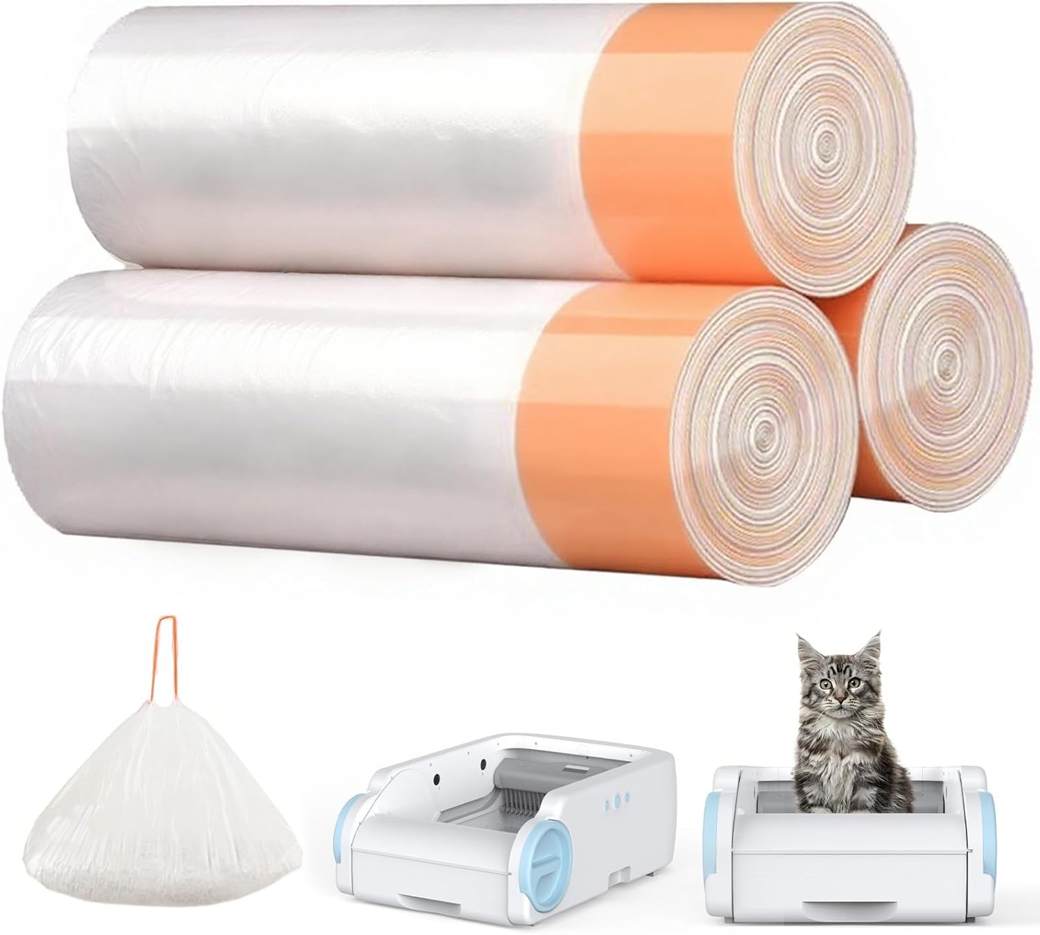Cat Litter Box Liners, 45 Count Drawstring Litter Waste Receptacles Bags, Tear-Resistant, Leak-Proof, Easy Disposal Cat Poop Bags for Automatic Litter Box, Strengthen Unscented