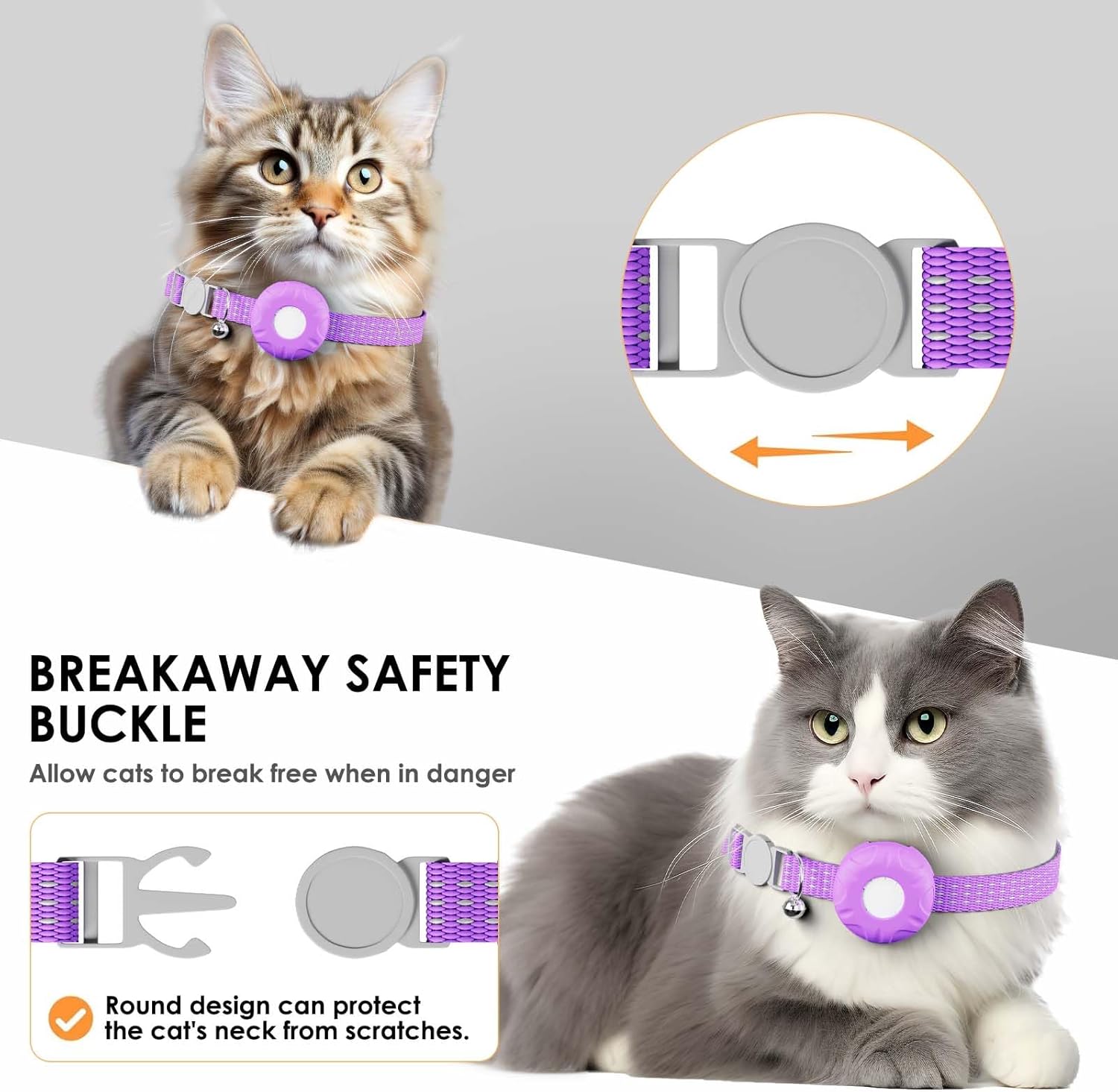 Cat GPS Tracker for Cats, Waterproof Pet GPS Tracker, Compatible with Apple Find My App (Only iOS), No Monthly Fee (White Tracker, Purple Cat Collar)