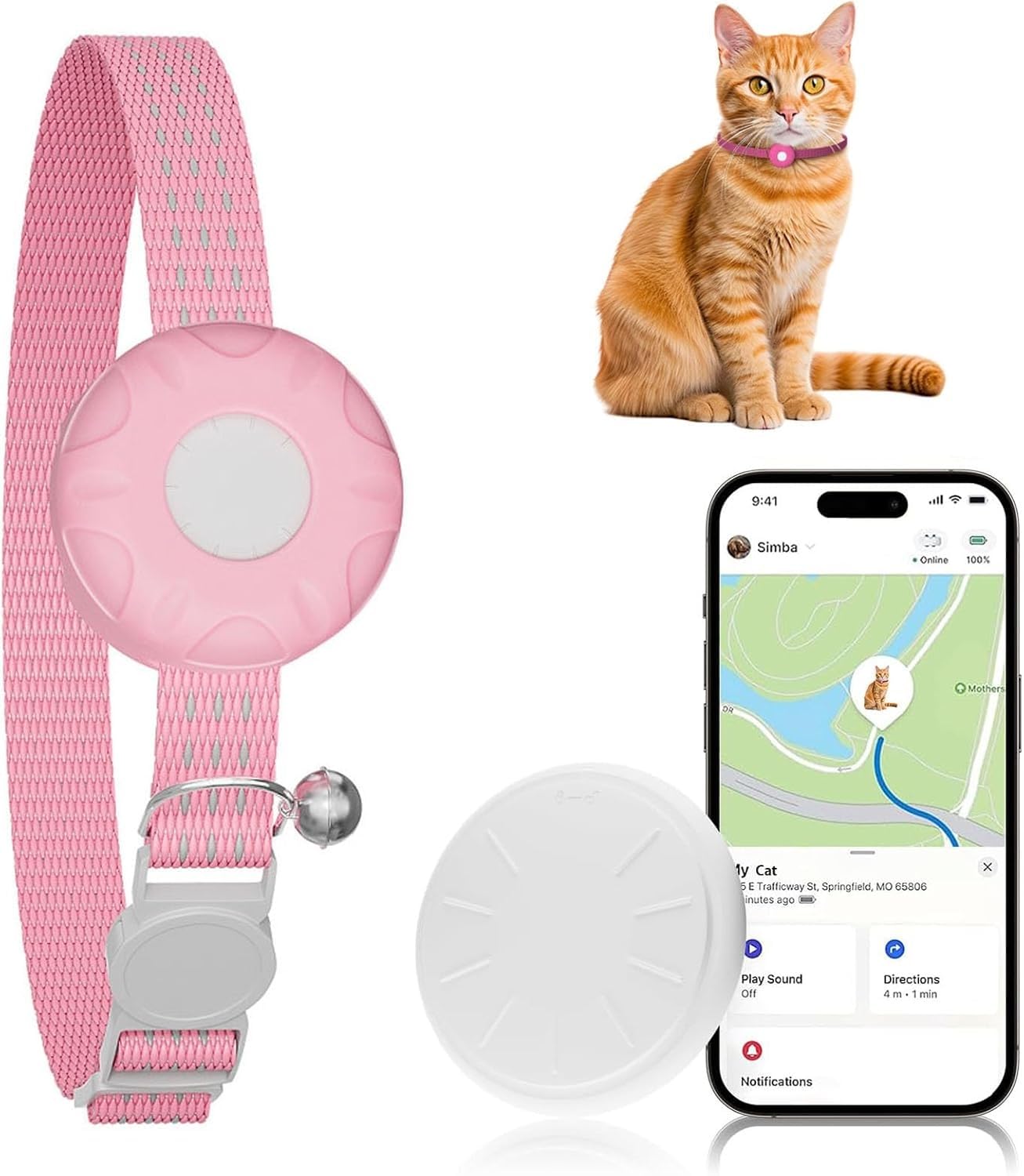 Cat GPS Tracker for Cats, Waterproof Pet GPS Tracker, Compatible with Apple Find My App (Only iOS), No Monthly Fee (White Tracker, Purple Cat Collar)
