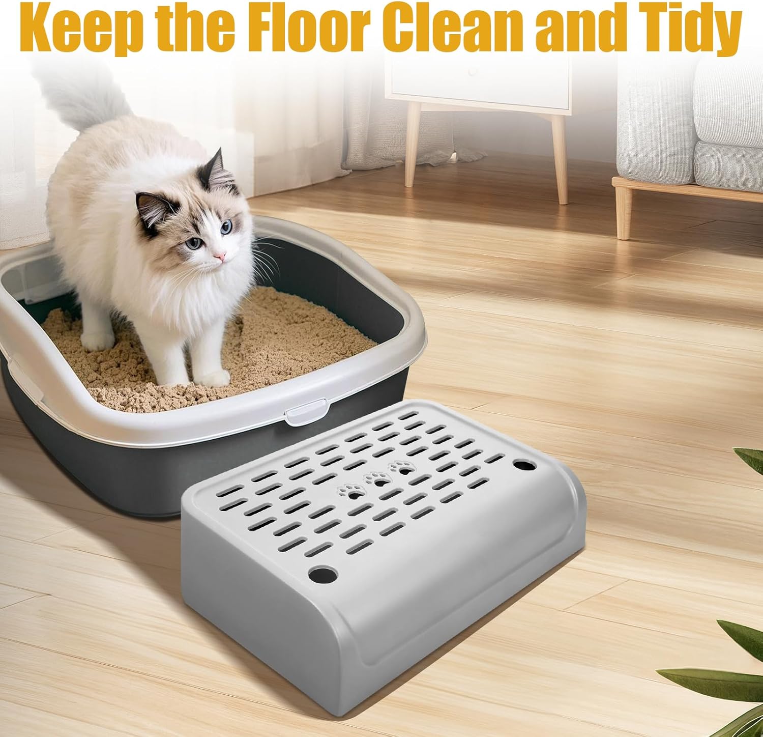 Cat Ramp for Litter Box Step, Plastic Automatic Litter Box Ramp Cat Steps Mat with Filter Function, Double Layered Self Cleaning Cats Stairs with Storage Space for Catcher (Grey)