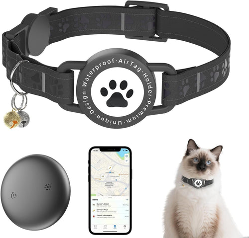 (Black) GPS Tracker for Cats, Waterproof GPS Cat Trackers Cats Collar with Bells, No Subscription, GPS Cat Collar, Adapt with Apple Find My (iOS Only) Finder Tag for Vehicles, Pets, Kids