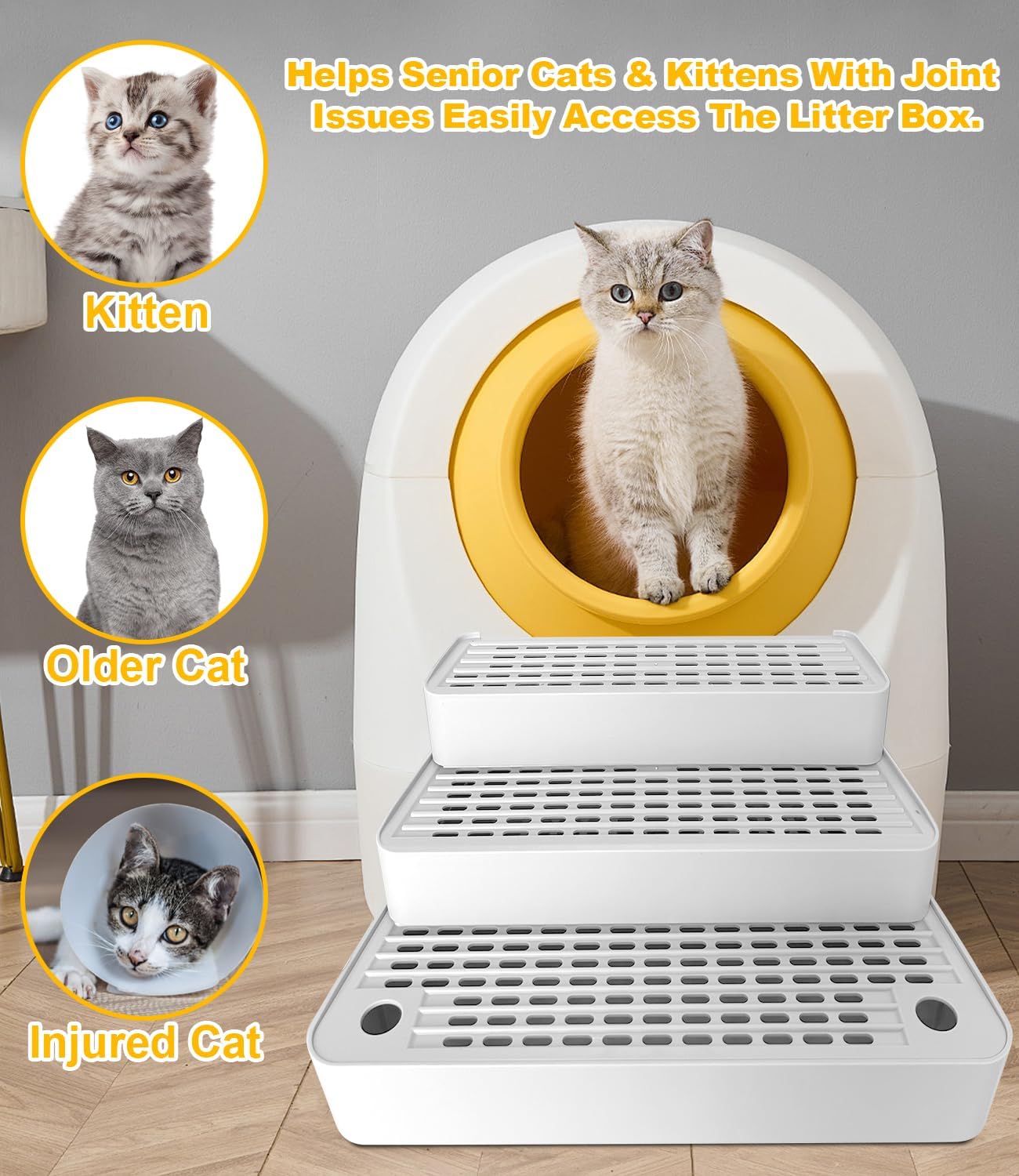 Adjustable 3 Steps Litter Box Ramp with Detachable Litter Trapper, Non-Slip Easy Clean Cat Litter Stair for Small & Elderly Cats, Cat Steps for Automatic Litter Box, White