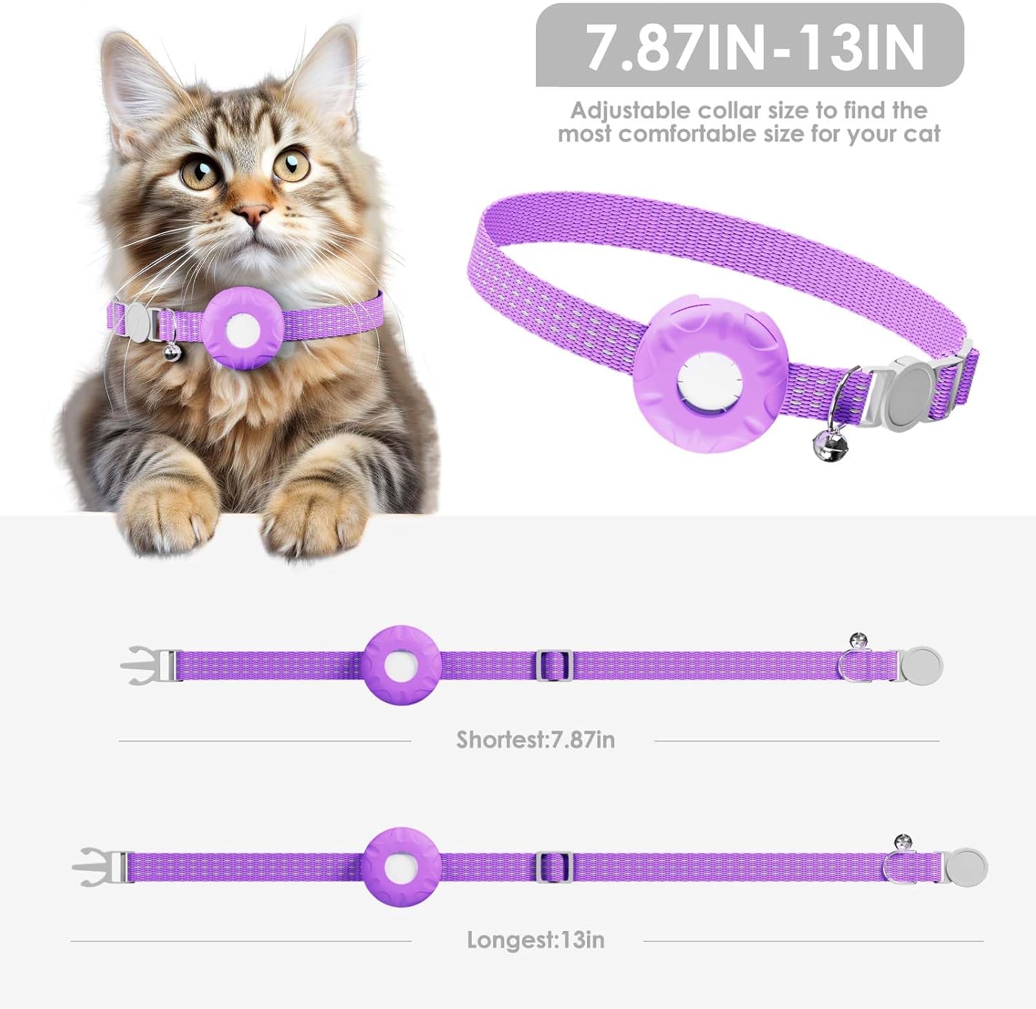Cat GPS Tracker for Cats, Waterproof Pet GPS Tracker, Compatible with Apple Find My App (Only iOS), No Monthly Fee (White Tracker, Purple Cat Collar)