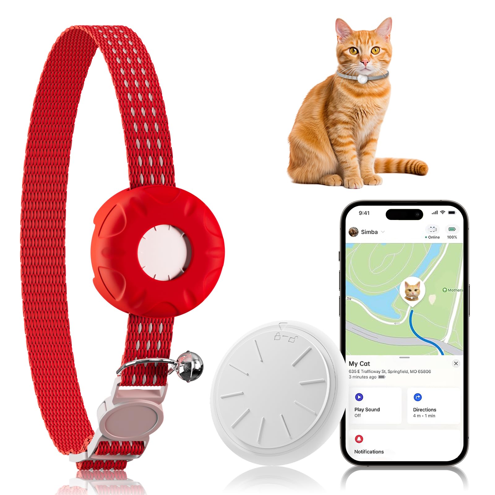 Cat GPS Tracker for Cats, Waterproof Pet GPS Tracker, Compatible with Apple Find My App (Only iOS), No Monthly Fee (White Tracker, Purple Cat Collar)