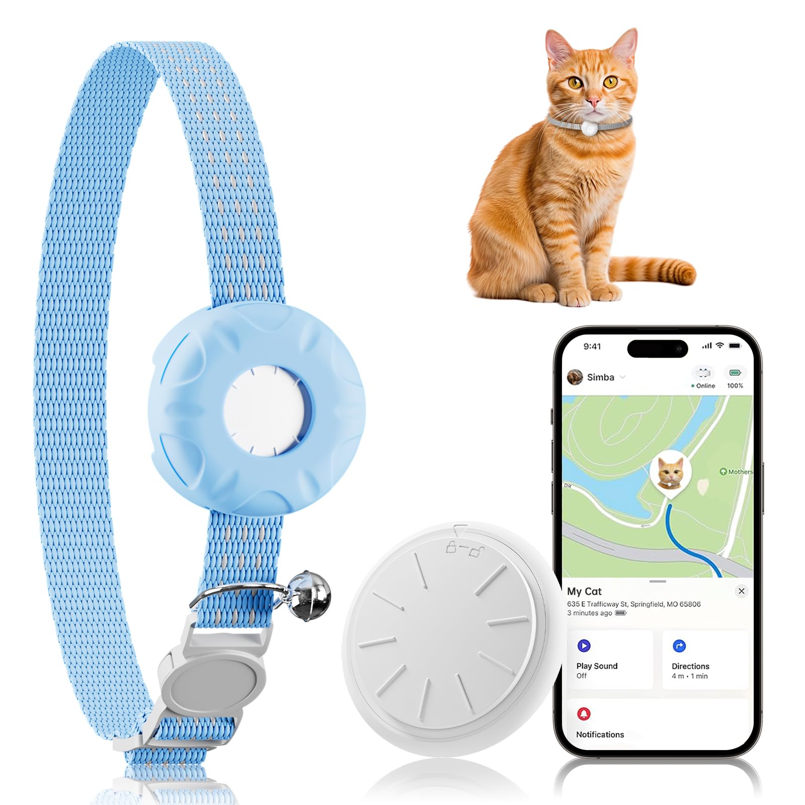 Cat GPS Tracker for Cats, Waterproof Pet GPS Tracker, Compatible with Apple Find My App (Only iOS), No Monthly Fee (White Tracker, Purple Cat Collar)