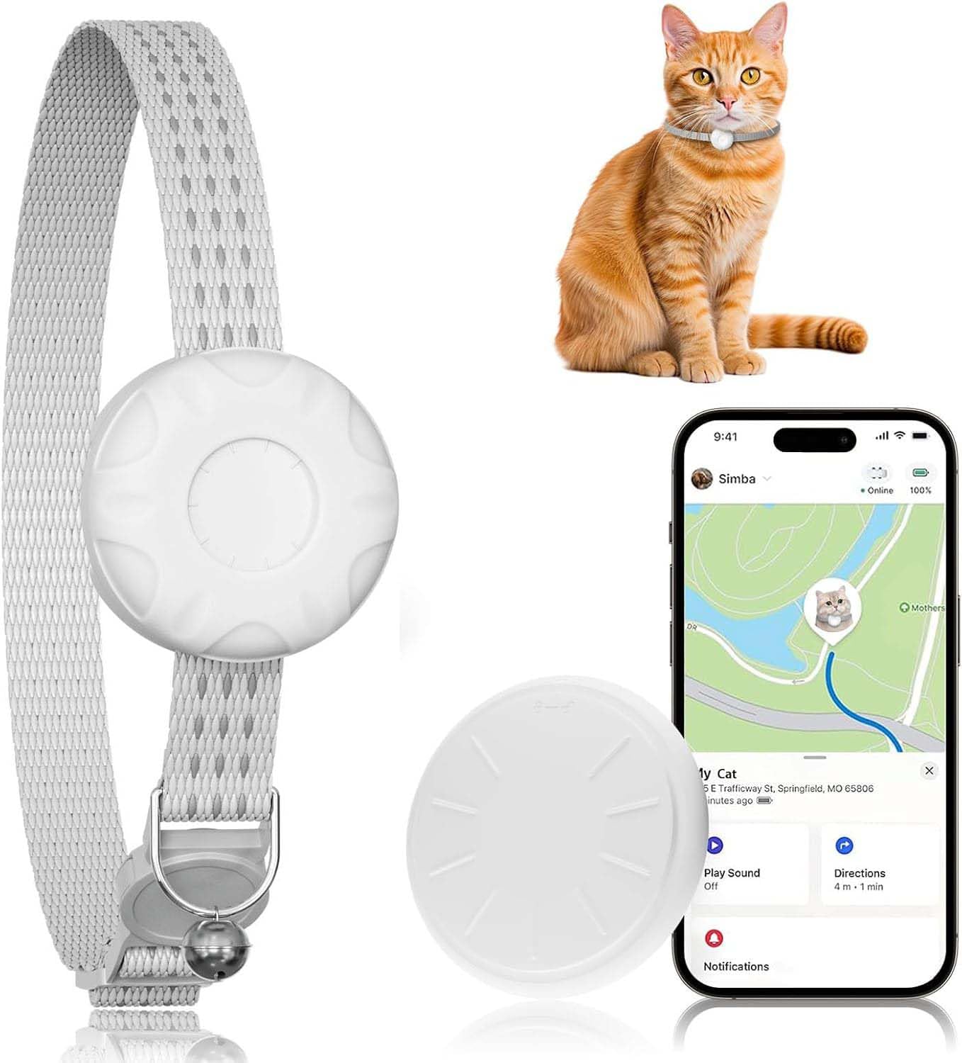 Cat GPS Tracker for Cats, Waterproof Pet GPS Tracker, Compatible with Apple Find My App (Only iOS), No Monthly Fee (White Tracker, Purple Cat Collar)