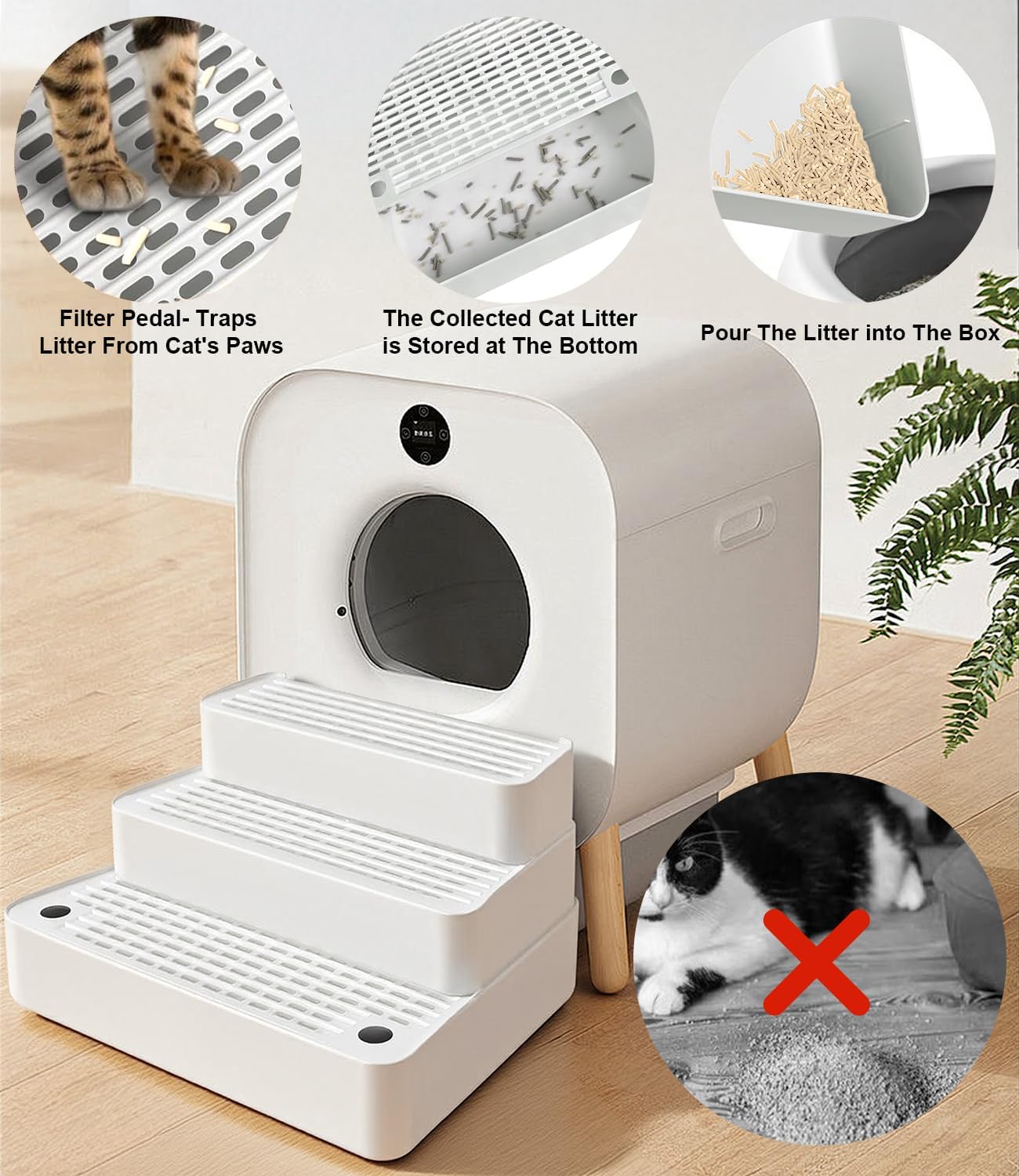 Adjustable 3 Steps Litter Box Ramp with Detachable Litter Trapper, Non-Slip Easy Clean Cat Litter Stair for Small & Elderly Cats, Cat Steps for Automatic Litter Box, White