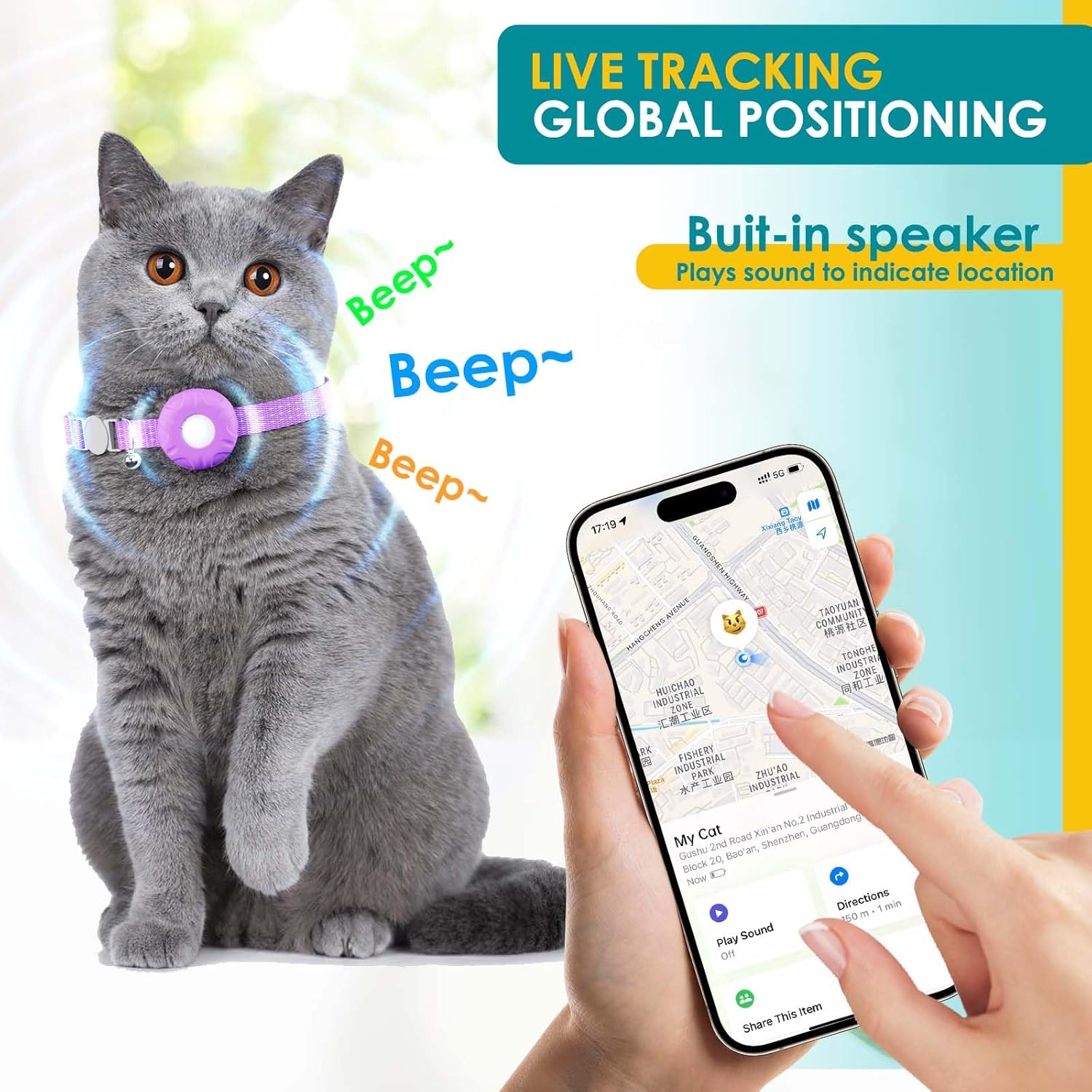 Cat GPS Tracker for Cats, Waterproof Pet GPS Tracker, Compatible with Apple Find My App (Only iOS), No Monthly Fee (White Tracker, Purple Cat Collar)