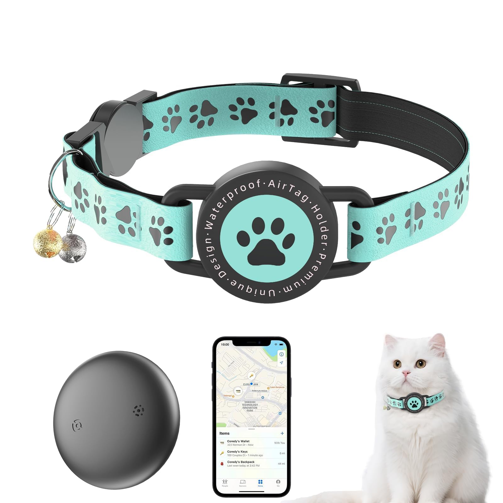 (Black) GPS Tracker for Cats, Waterproof GPS Cat Trackers Cats Collar with Bells, No Subscription, GPS Cat Collar, Adapt with Apple Find My (iOS Only) Finder Tag for Vehicles, Pets, Kids