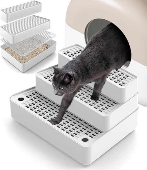 Adjustable 3 Steps Litter Box Ramp with Detachable Litter Trapper, Non-Slip Easy Clean Cat Litter Stair for Small & Elderly Cats, Cat Steps for Automatic Litter Box, White