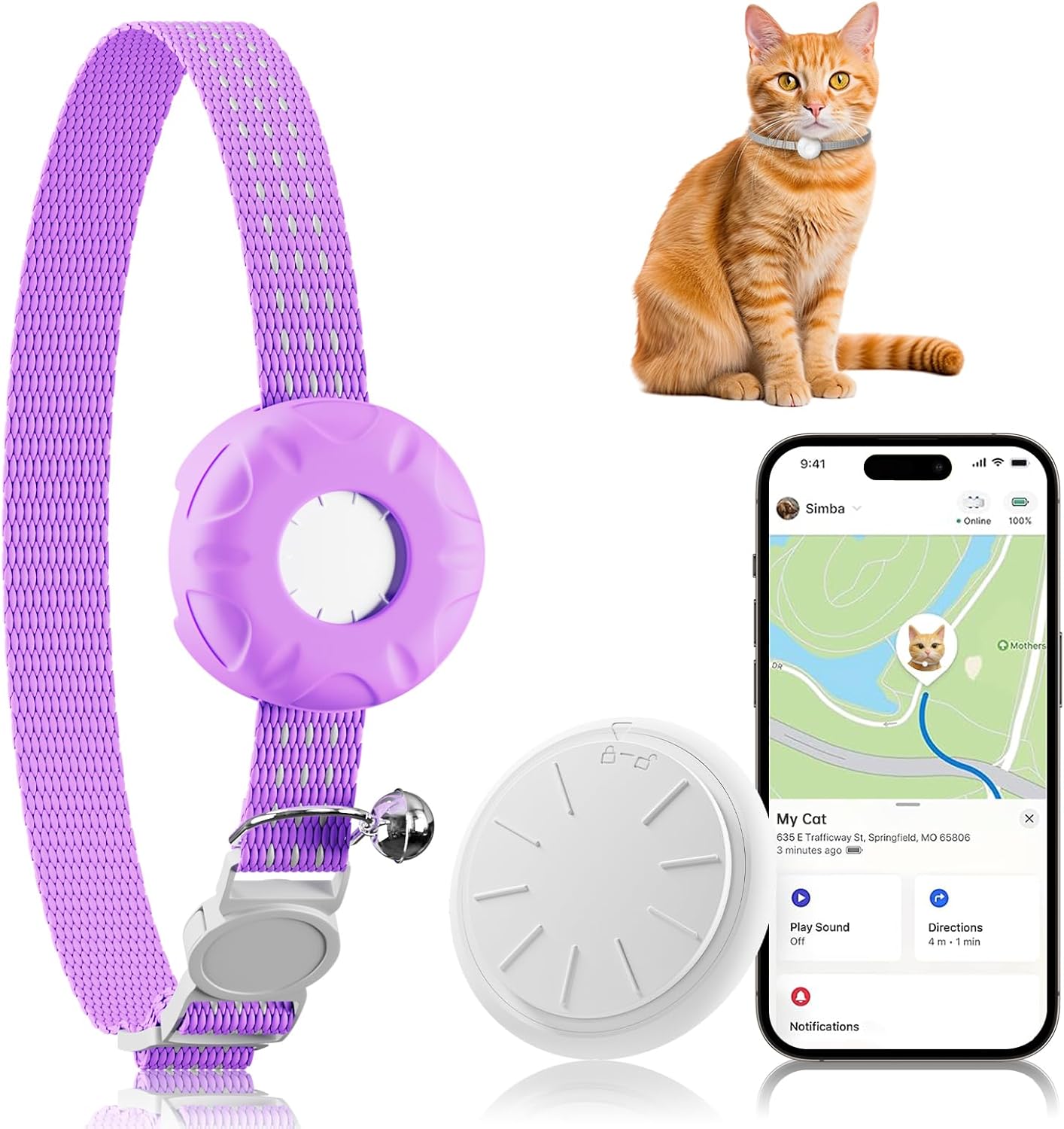 Cat GPS Tracker for Cats, Waterproof Pet GPS Tracker, Compatible with Apple Find My App (Only iOS), No Monthly Fee (White Tracker, Purple Cat Collar)