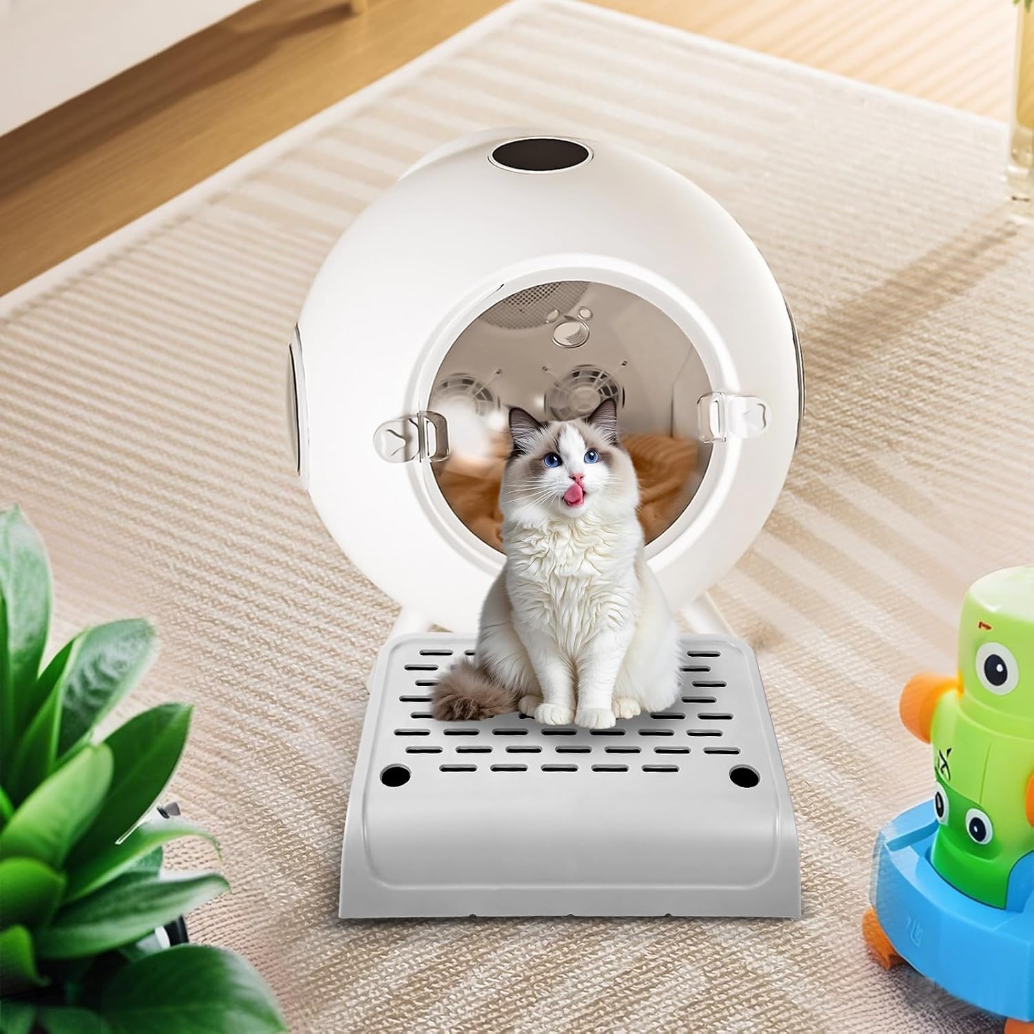 Cat Ramp for Litter Box Step, Plastic Automatic Litter Box Ramp Cat Steps Mat with Filter Function, Double Layered Self Cleaning Cats Stairs with Storage Space for Catcher (Grey)