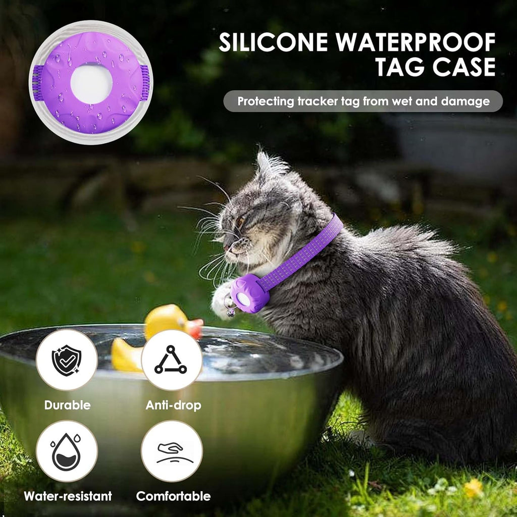 Cat GPS Tracker for Cats, Waterproof Pet GPS Tracker, Compatible with Apple Find My App (Only iOS), No Monthly Fee (White Tracker, Purple Cat Collar)
