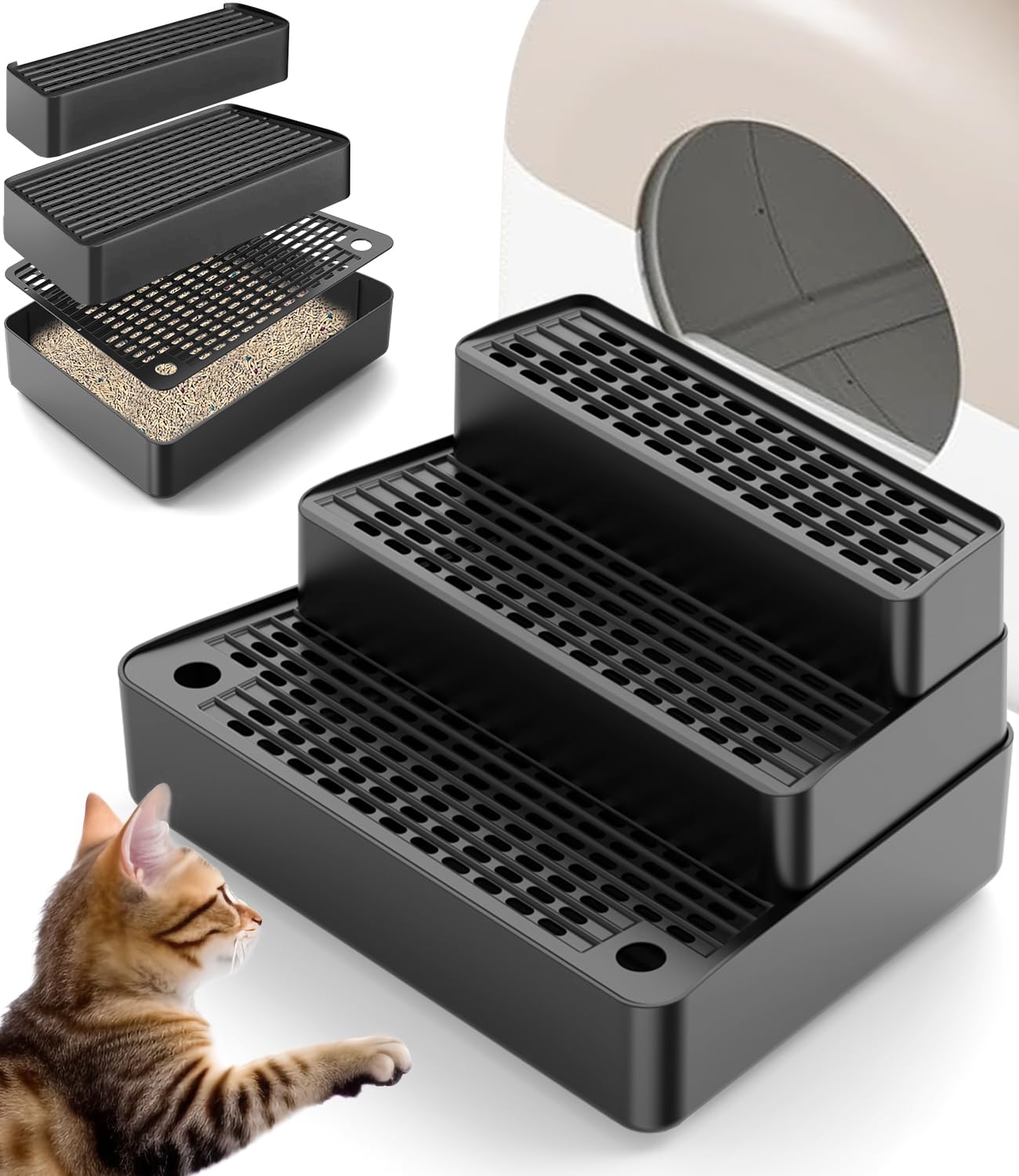 Adjustable 3 Steps Litter Box Ramp with Detachable Litter Trapper, Non-Slip Easy Clean Cat Litter Stair for Small & Elderly Cats, Cat Steps for Automatic Litter Box, White