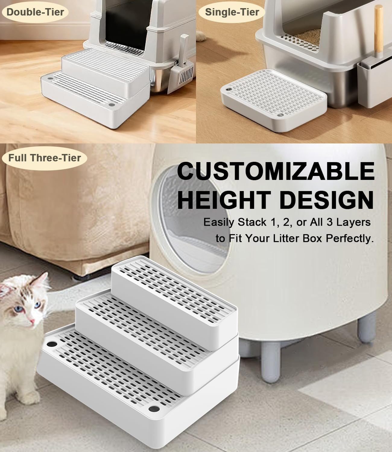 Adjustable 3 Steps Litter Box Ramp with Detachable Litter Trapper, Non-Slip Easy Clean Cat Litter Stair for Small & Elderly Cats, Cat Steps for Automatic Litter Box, White