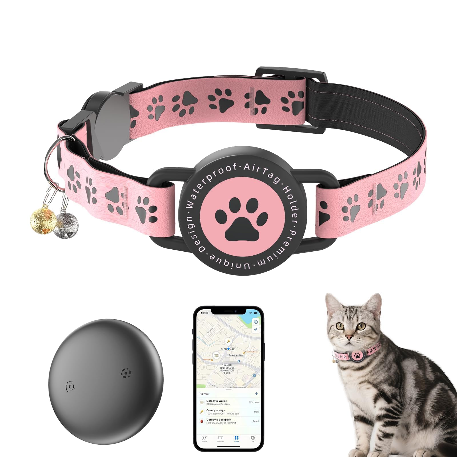 (Black) GPS Tracker for Cats, Waterproof GPS Cat Trackers Cats Collar with Bells, No Subscription, GPS Cat Collar, Adapt with Apple Find My (iOS Only) Finder Tag for Vehicles, Pets, Kids