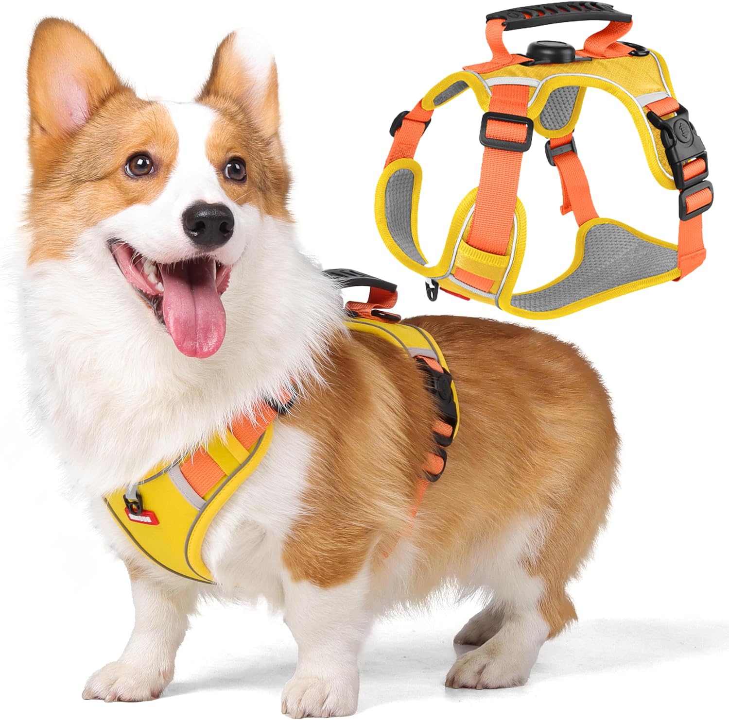 Dog Harness No Pull with GPS Tracker Pocket, 2 Adjustable Leash Clips, Breathable Soft Padded, Reflective, No Choke Dog Vest Harness with Control Handle for Puppy, Pineapple Yellow, XS
